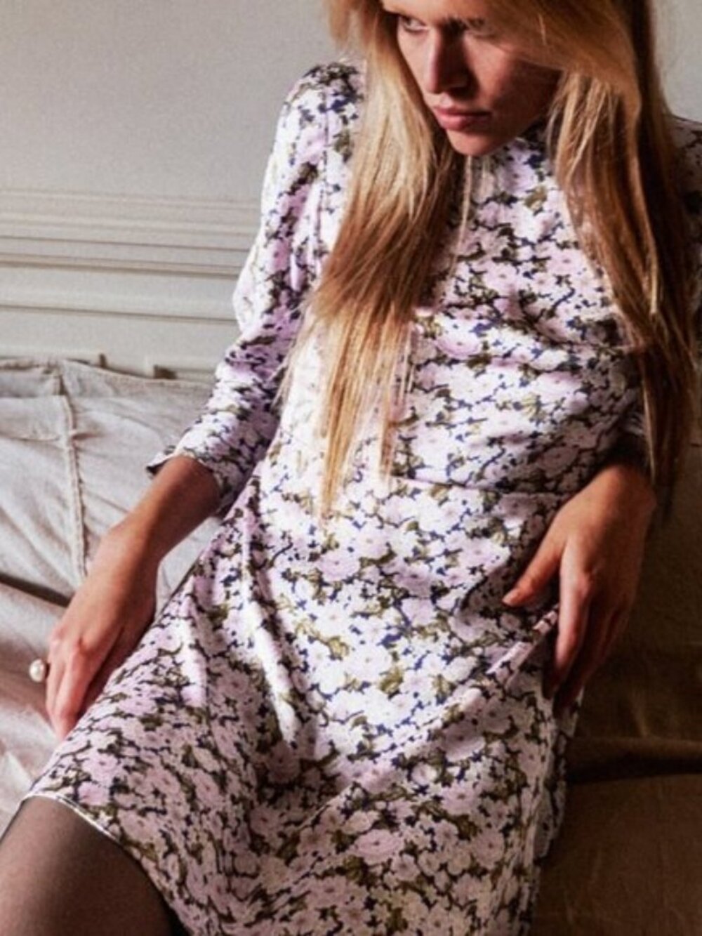 Zara Floral Tie Neck Dress Long Sleeve Purple Lilac Boho Romantic Mini M Flirty